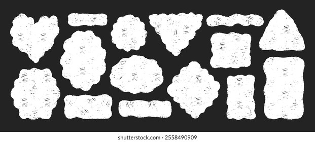 Blank speech bubbles. Organic wavy rectangles shapes with crayon, pastel or chalk texture. White vector illustration on a black background.