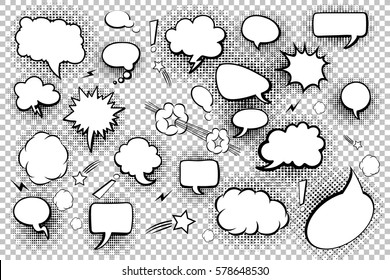 Blank speech bubbles. Set of comic speech bubbles and elements with halftone shadows. Vector illustration