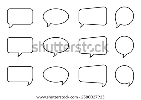 Blank speech shapes. Outline talk icons. Vector conversation frames. Minimal black line.