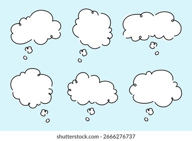 Discurso en blanco o burbujas de pensamiento sobre fondo azul para el diseño, la conversación y los conceptos creativos. Conjunto de burbujas de discurso o pensamiento con diferentes Formas, nube de chat de texto para comentarios, publicaciones, cómics