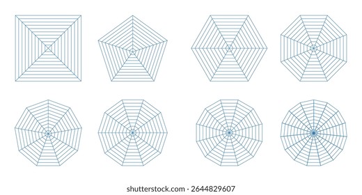 Diagrama de Kiviat de radar de aranha em branco com quatro, cinco, seis, oito, nove, dez, doze e quinze segmentos. Amostra dos gráficos pentágono, hexágono, quadrado, octógono, nonágono e decágono. Modelo de análise
