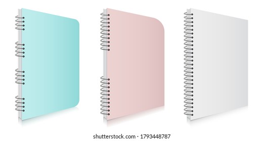 Blank Spiral Binder Notebook Cover Mockup Vector Illustration Set With Different Colors. Easy Editable Templates Isolated On White Background.
