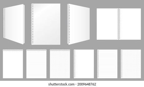 Cubiertas, hojas y páginas de bloc de notas en espiral en blanco con líneas y verifica el conjunto de simulación de ilustraciones vectoriales.