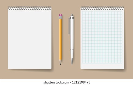 Blank-Spiral-Notebook-Modell für Corporate Identity und Branding. Realistisches Notizbuch mit Stift und Stift, einzelne Vektorgrafik