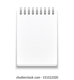 Blank spiral notebook on white background with soft shadows. Vector illustration. EPS10.