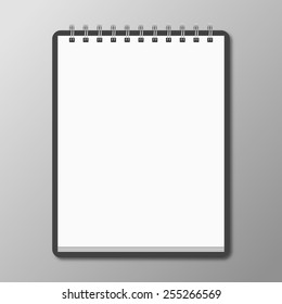 Blank spiral notebook on white background with soft shadows. Vec