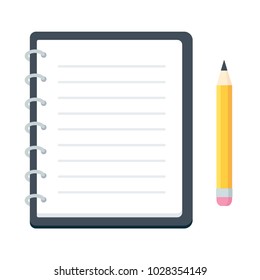 Blank spiral notebook and pencil, flat vector illustration. Simple notepad planner template.