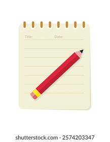 Blank spiral notebook and pencil, flat vector illustration. Simple notepad planner template. Stock illustration