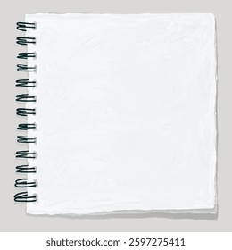 Blank spiral notebook with white pages. Spiral notebook ready for notes. Empty notebook with spiral binding. Perfect for sketches, notes, or journaling. Vector illustration.