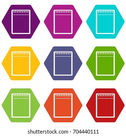 Blank spiral notepad icon set many color hexahedron isolated on white vector illustration