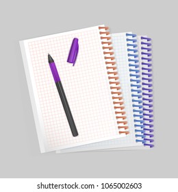 Blank spiral notepad notebook with realistic purple pen on white background. Display Mock up for your entries, vector eps 10 illustration