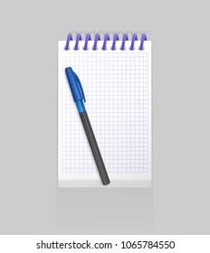 Blank spiral notepad notebook with realistic purple pen on white background. Display Mock up for your entries, vector eps 10 illustration