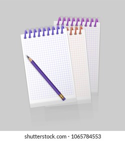 Blank spiral notepad notebook with realistic purple pen on white background. Display Mock up for your entries, vector eps 10 illustration