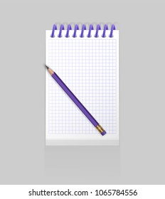 Blank spiral notepad notebook with realistic purple pen on white background. Display Mock up for your entries, vector eps 10 illustration