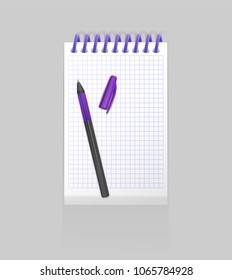 Blank spiral notepad notebook with realistic purple pen on white background. Display Mock up for your entries, vector eps 10 illustration