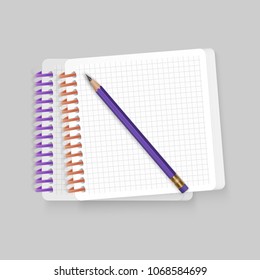 Blank spiral notepad notebook with realistic pencil on white background. Display Mock up for your entries, vector eps 10 illustration