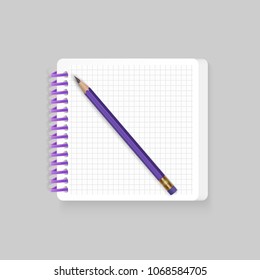 Blank spiral notepad notebook with realistic pencil on white background. Display Mock up for your entries, vector eps 10 illustration