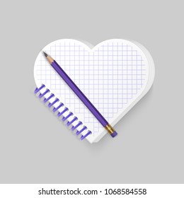 Blank spiral notepad notebook with shape of heart on white background. Display Mock up for your entries, vector illustration