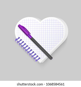 Blank spiral notepad notebook with shape of heart on white background. Display Mock up for your entries, vector illustration