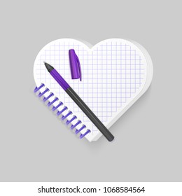 Blank spiral notepad notebook with shape of heart on white background. Display Mock up for your entries, vector illustration