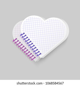 Blank spiral notepad notebook with shape of heart on white background. Display Mock up for your entries, vector illustration