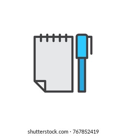 Blank spiral notepad and pencil filled outline icon, line vector sign, linear colorful pictogram isolated on white.  Notebook and pen symbol, logo illustration. Pixel perfect vector graphics