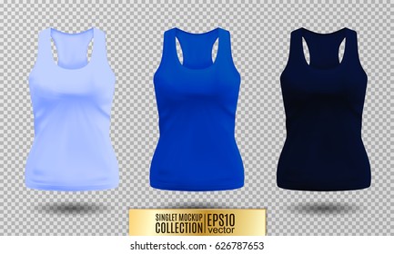 Blank sport tank top for women template set. Light, bright and dark blue colors. Vector objects on transparent background.