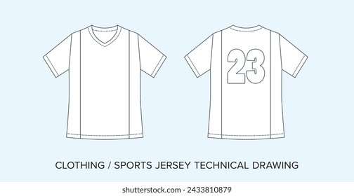 Blank Sports Jersey Technical Drawing, Apparel Blueprint for Fashion Designers. Detailed Editable Vector Illustration, Black and White Football Clothing Schematics, Isolated Background.