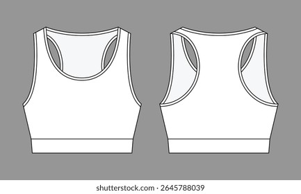 Blank Sports White Boxing Bra for Women Template on Gray Background.Front and Back View, Vector File.