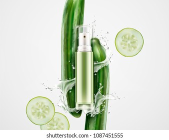 Blank spray bottle with cucumbers and splashing liquid on white background in 3d illustration, cosmetic design elements