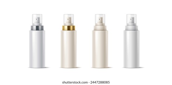 Blank spray bottles with clear plastic caps realistic vector illustration set. Containers for cosmetic products 3d objects on white background