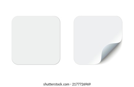 Blank square adhesive stickers mock up with curved corner. Mockup empty rectangular sticky label.