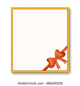 Blank, square banner decorated decorative gold frame with ornament, with red bow and red ribbon, isolated on white background. Greeting card, brochure or banner template.