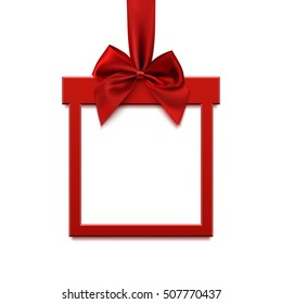 Blank, square banner in form of Christmas gift with red ribbon and bow, isolated on white background. Greeting card, brochure or banner template.