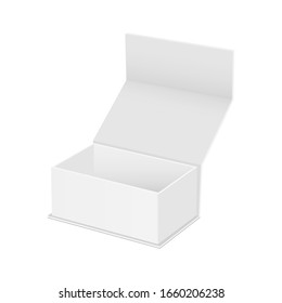 Blank square box with opened lid mockup, isolated on white background. Vector illustration