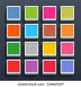 Blank square button with painted texture. Empty web internet icon with shadow on black plastic surface background. Simple flat, solid, mono, plain style. Vector illustration design element 10 eps
