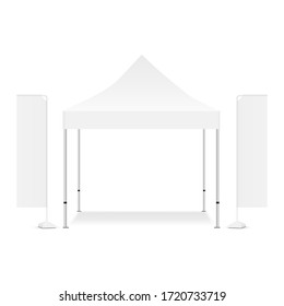 Blank square canopy tent with two rectangular promo flags isolated on white background. Vector illustration