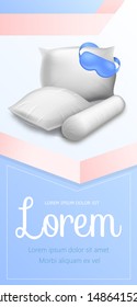 Blank Square, Cylinder and Rectangular Shaped Pillows with Blindfold, Soft Cushions Mock Up Top and Side View for Comfortable Sleeping, Relaxation, Realistic 3d Vector Illustration, Vertical Banner