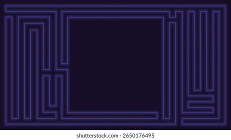 Quadro quadrado em branco com padrão de linhas de labirinto de iluminação neon azul no plano de fundo roxo.