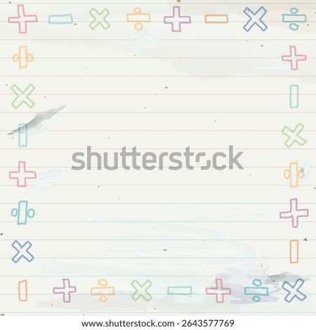 Blank square frame consists of pastel add, subtract, multiply and divide symbol shapes childish style on used old notebook paper graphic illustration.