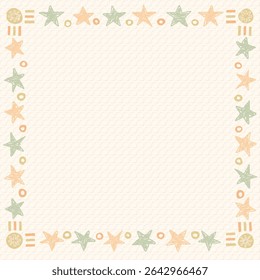 Blank square frame consists of various pastel star and circle shapes childish hand drawn style on old bond paper texture background graphic illustration.