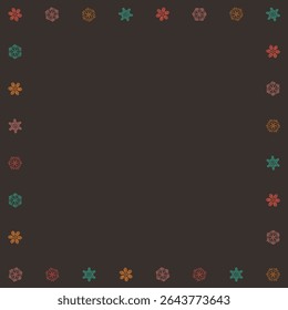 Blank square frame consists of various colorful snowflakes childish hand drawn style on brown background graphic illustration.
