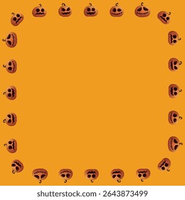 Blank square frame consists of various Halloween pumpkin faces on orange background graphic illustration.