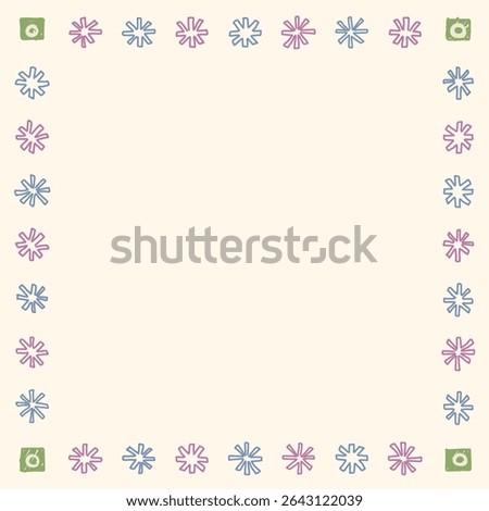 Blank square frame consists of various pastel asterisk shapes childish hand drawn style on cream background graphic illustration.