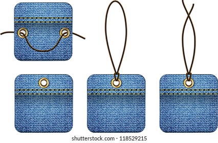 Blank square labels made of jeans. Empty tags. Vector illustration