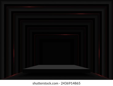 Cuadrado en blanco con pared cuadrada pasos modernos con luz de neón rojo en fondo de estudio negro. Diseño moderno para la exhibición, publicidad, venta y exhibición del producto. Ilustración vectorial.