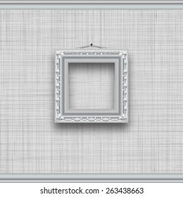 Blank square picture frame on a gray wall with fabric texture. Vector illustration