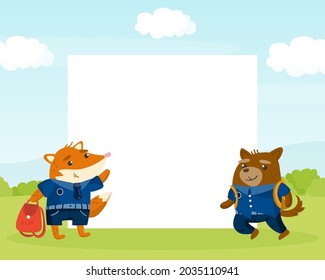 Blank Square Space with Funny Animals in Blue School Uniform with School Back Vector Template