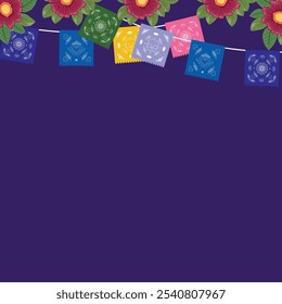 Blank square template with Mexican papel picado garland and vibrant flowers with green leaves, perfect for Dia de los Muertos or festive occasions