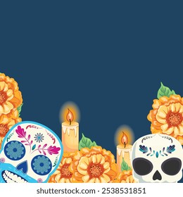 Blank square template with painted skulls, marigold flowers, candles, and leaves on dark blue background. Day of the dead